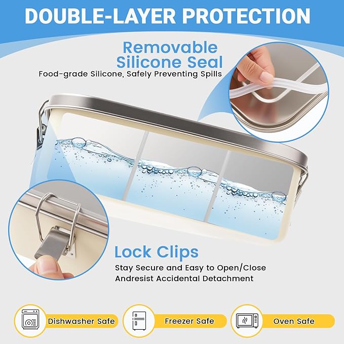 Leakproof Stainless Steel Bento Box (1600ml/54oz) with 5 Sealed Compartments, Metal Lunch Container for Women Adult, Metal Food Storage Lunch box for Work, Travel