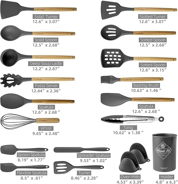 LeMuna Silicone Cooking Utensils Set, Kitchen Utensils for Cooking with Holder, Wooden Handle Silicone Utensils Spatula Set, Heat Resistant, BPA Free, Non Toxic Kitchen Gadgets, Gray
