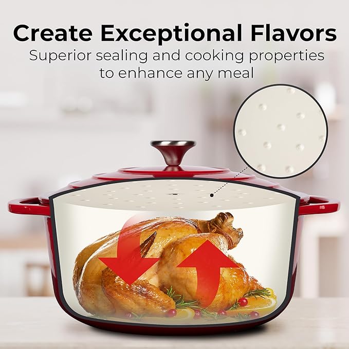 Zulay Kitchen 6 Quart Enameled Cast Iron Dutch Oven Pot with Lid – Premium Durability & Oven Safe up to 500°F – Heavy Duty Cookware Perfect for Bread Baking, Stews, Braising & Roasting – Red