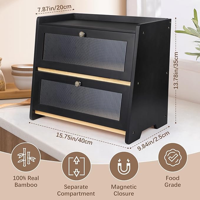Bread Box For Kitchen Countertop, Black Breadbox, Bread Boxes for Kitchen Counter Organizer Decor Storage, Wooden Storage Box Breadbox, Housewarming Birthday Wedding Christmas Gift