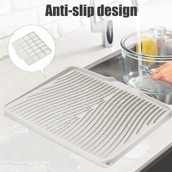 Silicone Dish Drying Mat for Kitchen Counter, Dish Drying Pad, Non-Slip Drain Pad with Built-in Drain, Heat Resistant Stone Drying Mat(15.8" x 13", Cream)