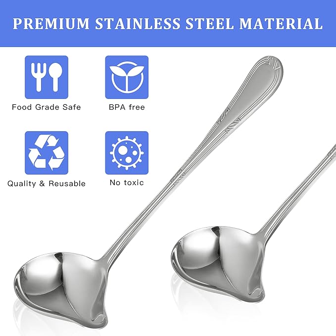 2 Pack Stainless Steel Saucier Drizzle Spoon with Spout Small Gravy Ladle, 7.87" Soup Spoons Kitchen Utensil Mirror Polish Drizzle Spoon for Chocolates, Gravies and Sauces, Silver