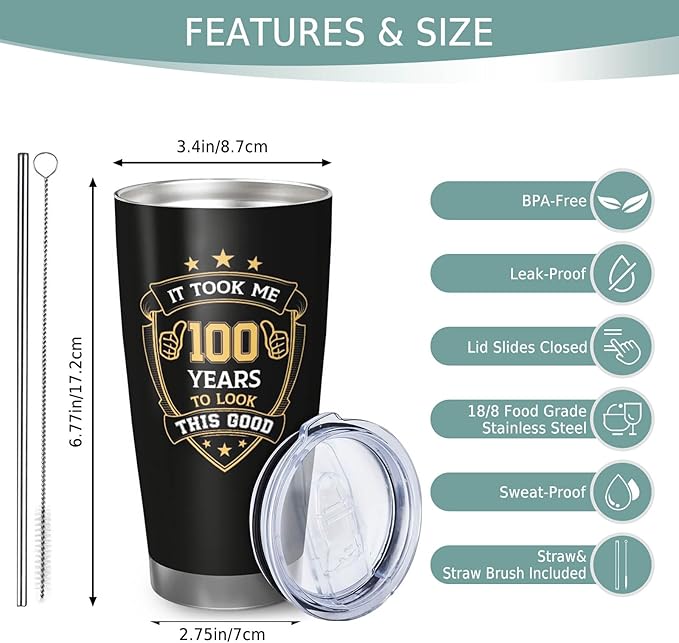 100th Birthday Gifts for Him, 100th Birthday Gifts for Men, Gift for 100 Year Old Man Tumbler, 20oz Coffee Tumbler, 100 Year Old Gifts for Men Coffee Mugs