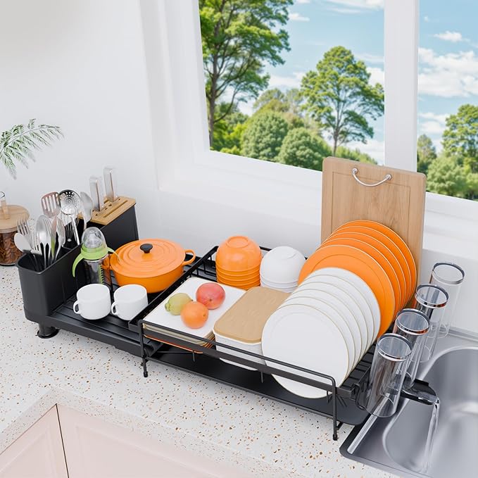 Expandable Dish Drying Rack, Dish Drying Rack for Kitchen Counter with Removeable Cutlery Holder, Double Rustproof & Sturdy Auto-Drain Multifunctional Organizer for Plates, Cups, Knife Fork Storage