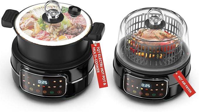 6QT Air Fryer & Multi-Cooker Combo - 12-in-1 Electric Hot Pot, Rice Cooker, Steamer with Removable Air Fry Basket & Soup Pot, 1800W, Dishwasher Safe