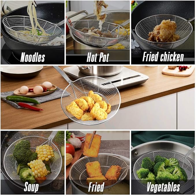 YFWOOD 7 Inch Spider Strainer Skimmer, Reinforced Double Coil Wire Skimmer with Large Handle Solid Stainless Steel Strainer Ladle,for Kitchen Deep Frying Food Spaghetti Noodle (1 - Piece)