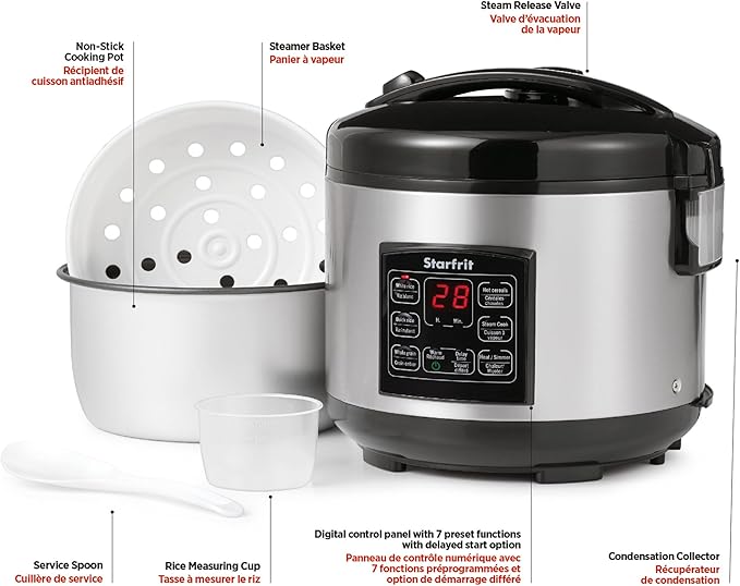 Starfrit Electric Rice Cooker - 14 Cups - Steamer Basket, Measuring Cup & Service Spoon - 500W - Silver