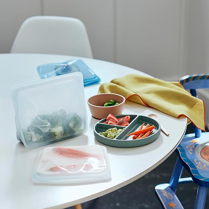 Stasher Silicone Reusable Storage Bag, Stand-Up Mid, Reusable Freezer Bag, Microwave, Dishwasher, Oven Safe, Sous Vide, Premium Lunch Container, Eco Friendly, Food Storage Bags, 56 oz, Clear