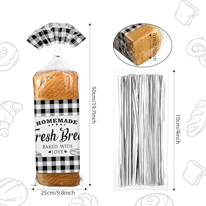 Sabary 50 Pcs Homemade Bread Bags with Ties Black Buffalo Plaid Bread Loaf Bags Plastic Clear Gift Storage for Home Bakers Bakery Christmas, 10 x 20 Inch
