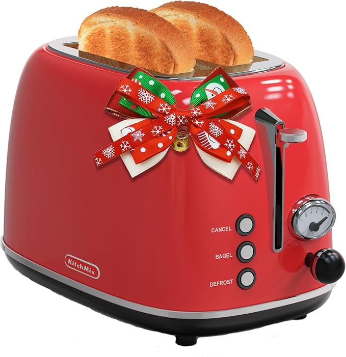 Toaster 2 slice,Retro Stainless Steel Toaster with 6 Settings, 1.5 In Extra Wide Slots, Bagel/Defrost/Cancel Function, Removable Crumb Tray (Red)