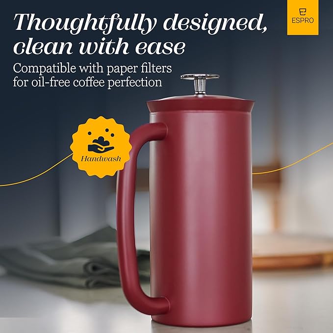 ESPRO P7 French Press Stainless Steel 304 – Patented Double Walled Micro-Filter Insulated French Press Coffee Maker, Grit-Free Brew - Heat Resistant BPA Free - Cranberry (18oz)
