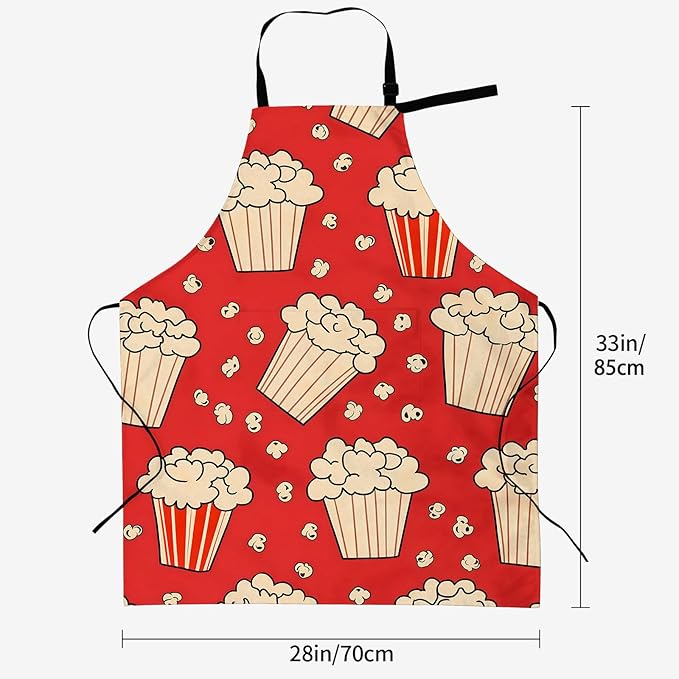 Movie Popcorn Apron for Women, 28x33in, Kitchen Chef Aprons with 2 Pockets, Polyester, Cinema Popcorn Apron for Cooking BBQ Baking Gardening Chef, Gifts for Mom Wife Dad
