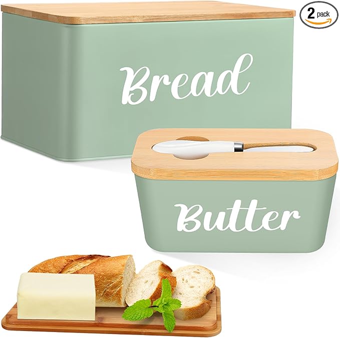 Hushee Metal Bread Box and Butter Dish with Bamboo Cutting Board Lid and Knife Bread Storage Container Breadbox for Kitchen Counter Butter Organizer for Kitchen Countertop Decoration(Sage Green)