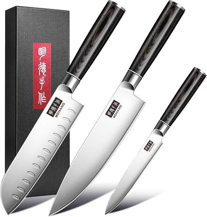 MDHAND Knife Set, 3PCS Professional Japanese Kitchen Knife Set, High Carbon Stainless Steel Chef Knife Sets with Balanced Pakkawood Handle, Including Chef, Santoku & Paring Knives, Elegant Box