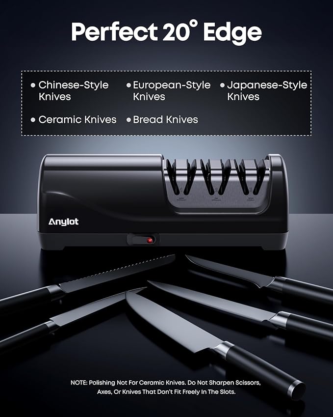Electric Knife Sharpener for Kitchen, Professional 3-Stage Knife Sharpener Electric with 100% Diamond Abrasives, 20° Precision Angle Guide for Fast Sharpening & Polishing Chef Knives (Black)