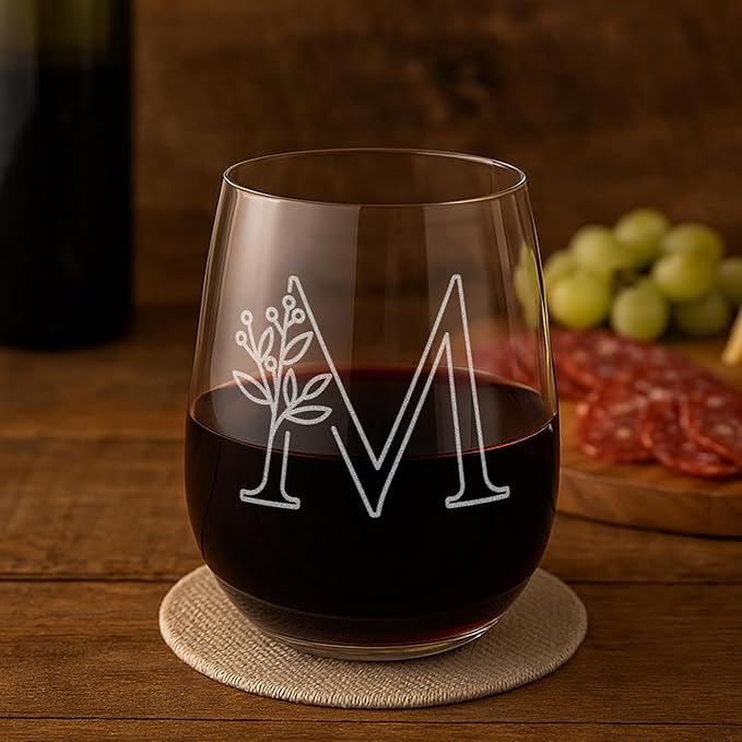 On The Rox Drinks Monogrammed Gifts For Women and Men - Letter A-Z Initial Engraved Monogram Stemless Wine Glass - 17 Oz Personalized Wine Gifts For Women and Men (M)