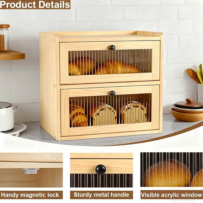 Wooden Bread Box for Kitchen Countertop Large Capacity Corner Bread Box Bread Storage Container with Clear Acrylic Window
