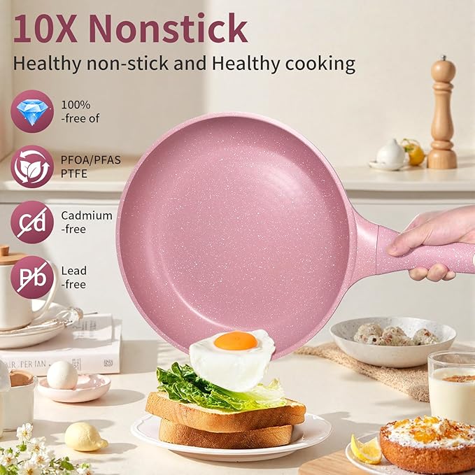11 Inch Non Stick Frying Pans with Lid - 100% PFOA PFAS Free, Super Nonstick, All Stovetop Compatible Induction Gas Electric, Omelette & Egg Pan, Dishwasher Safe, Eco-Friendly Pink Pan