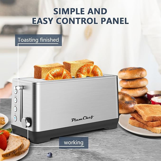4-Slice Toaster, Extra Wide Long Slot Toaster with Warming Rack, 6 Browning Settings, Bagel/Defrost/Reheat Functions, Removable Crumb Tray, Stainless Steel Housing,Stainless Steel