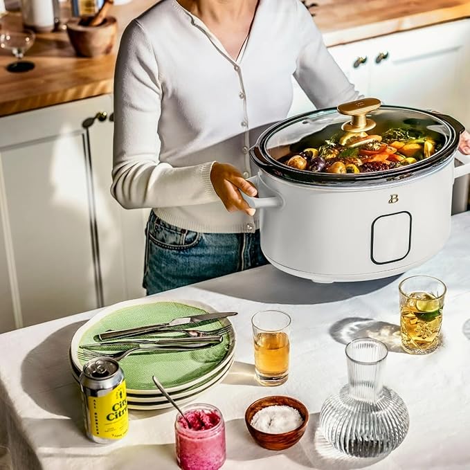 Beautiful 6 Qt Programmable Slow Cooker with Touch Control, Digital Timer and Keep Warm Function – Large Electric pot Capacity Kitchen Appliance by Drew-Barrymore (White Icing)
