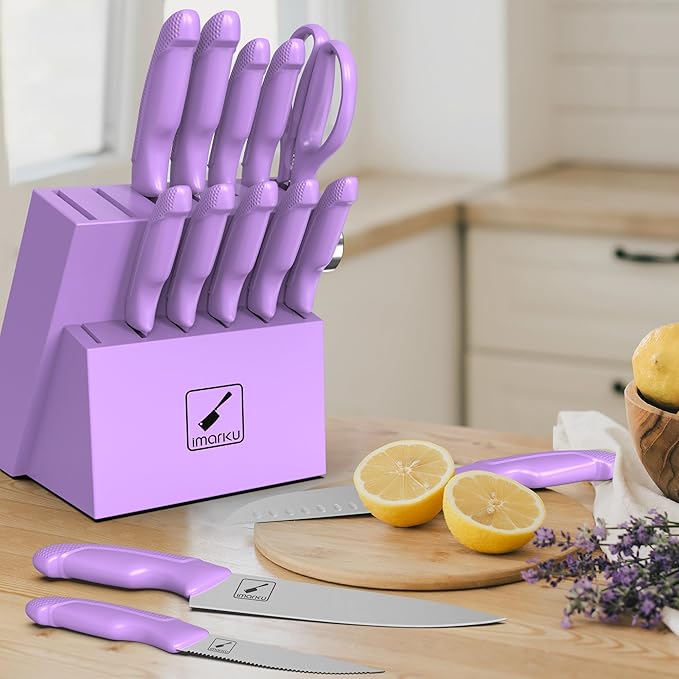 imarku 14-Piece Knife Set with Block, High Carbon Stainless Steel Kitchen Knives with Built-in Sharpener, Ergonomic Non-Slip Handle, Perfect for Home Cooks & Chefs, Purple