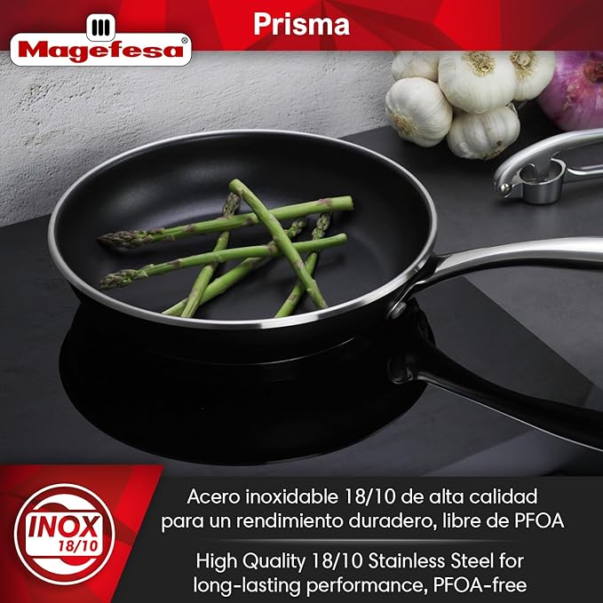 Magefesa Prisma Frying Pan Set, 7.9", 9.4" & 11", 18/10 Stainless Steel, Triple-Layer Nonstick, Works on All Stovetops Including Induction, Oven Safe to 392°F, Dishwasher Safe, Durable Skillets