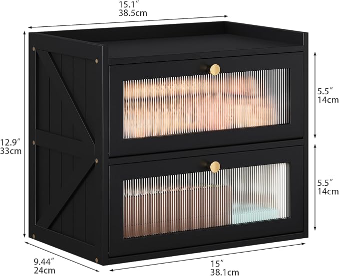 Double Layer Bread Box for Kitchen Counter Black Bread Storage Container with Acrylic Door Large Farmhouse Breadbox Organizer Bread Holder (Black)