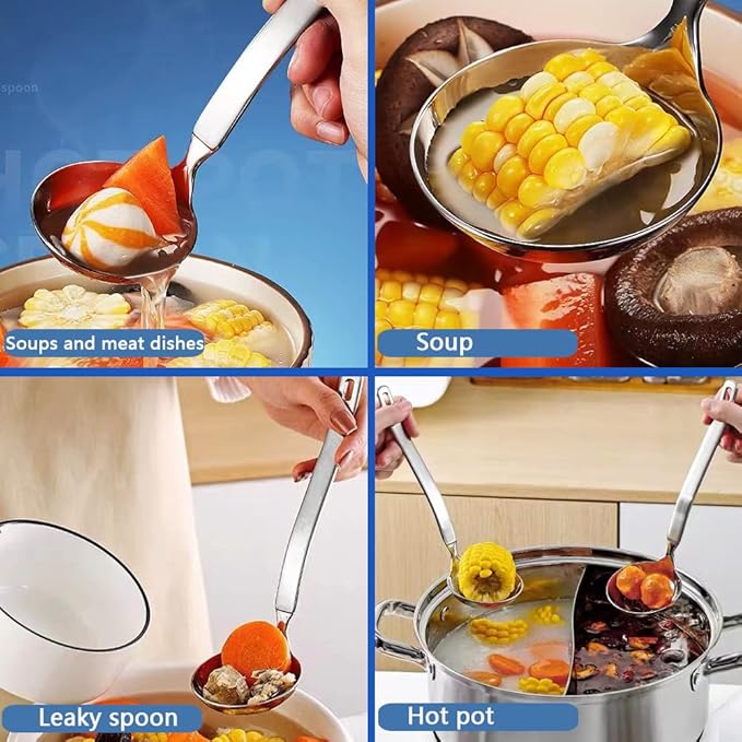 Small Soup Ladle Metal SUS304 Stainless Steel Ladles Spoon And Slotted Colander Spoon Set Soup Ladle With Holes Strainer Scoop Ladles For Serving Gravy Hot Pot Or Restaurant,2 Piece Set