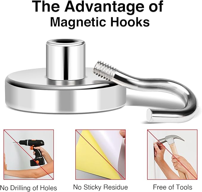 MIKEDE Magnetic Hooks, 85Lbs+ Heavy Duty Magnetic Hooks for Cruise Cabins, Super Neodymium Hanging Hooks Strong Magnets with Hook for Fridge, Magnetic Hanger for Grill, Toolbox, Storage, 4 Pack