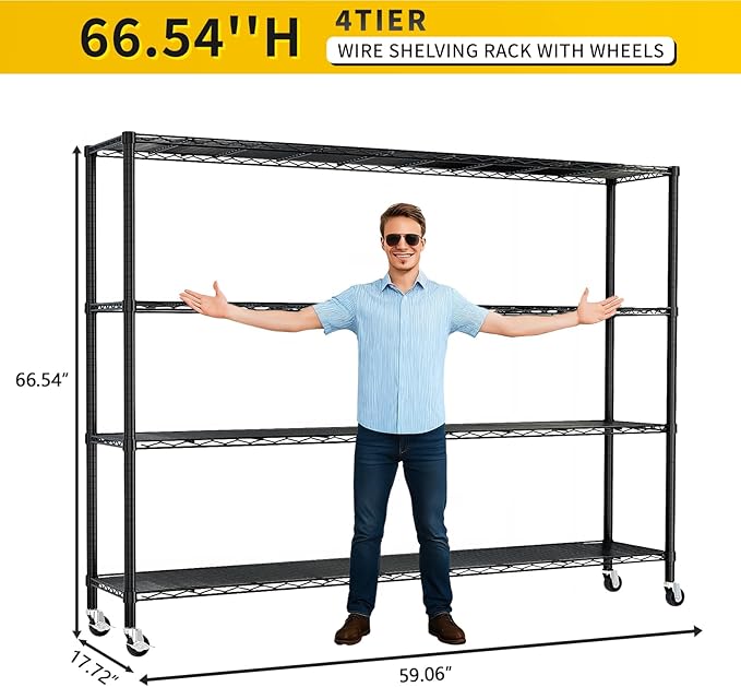 Karl home 4-Tier Adjustable Metal Storage Shelves, Wire Shelving Unit with Wheels & Leveling Feet, Heavy Duty Garage Shelving, Pantry & Kitchen Display Shelf Organizer, Home Storage Rack