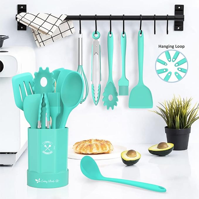 Silicone Kitchen Utensils Set, 16-Piece Silicone Cooking Utensils by Deedro, Heat Resistant Kitchen Tools Set with Holder, Nonstick Spatula Kitchen Gadgets for Cooking & Baking, Green