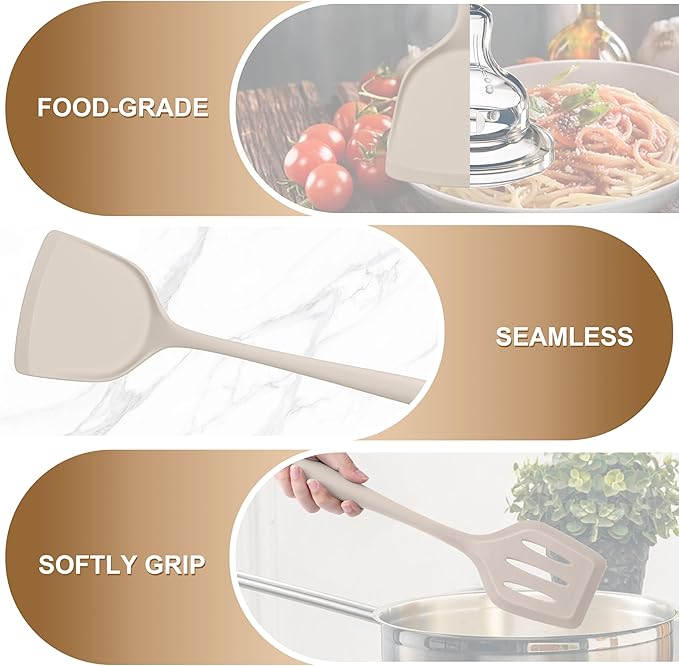 TeamFar Silicone Cooking Utensils Set, 5-Piece Heat Resistant Kitchen Utensils Set, Nonstick Slotted Solid Spoon Turner Pasta Server for Frying, Serving, Mixing, Non-Toxic & Dishwasher Safe, Khaki