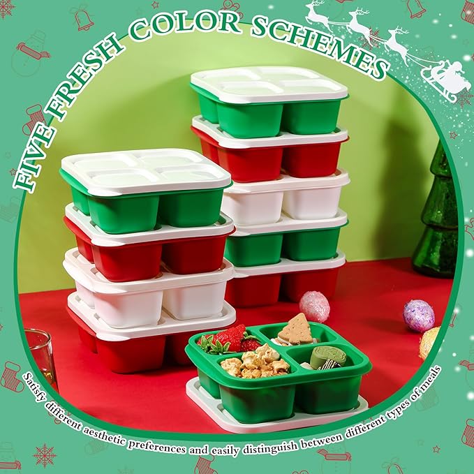 Honeydak 10 Pack Snack Container 4 Compartment Reusable Bento Snack Boxes Divided Lunchable Containers with Lids Meal Prep Lunch Food Storage Boxes for School Work Travel(Christmas Color)