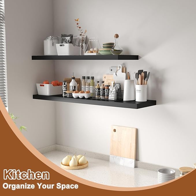 12 Inch Deep Floating Shelves for Wall 2 Pack Floating Shelfs Large Storage Space Wall Decor Display Shelf for Bathroom Living Room Bedroom Kitchen 36" W x 12" D x 1.2" H Black