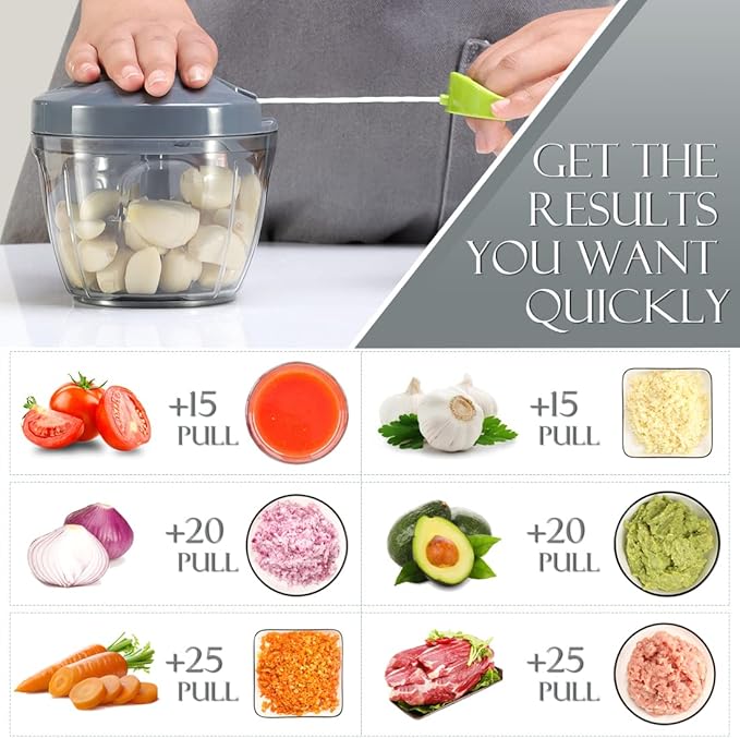 Ourokhome Manual Food Processor Vegetable Chopper, Portable Hand Pull String Garlic Mincer Onion Cutter for Veggies, Ginger, Fruits, Nuts, Herbs, etc., 650ml, Grey