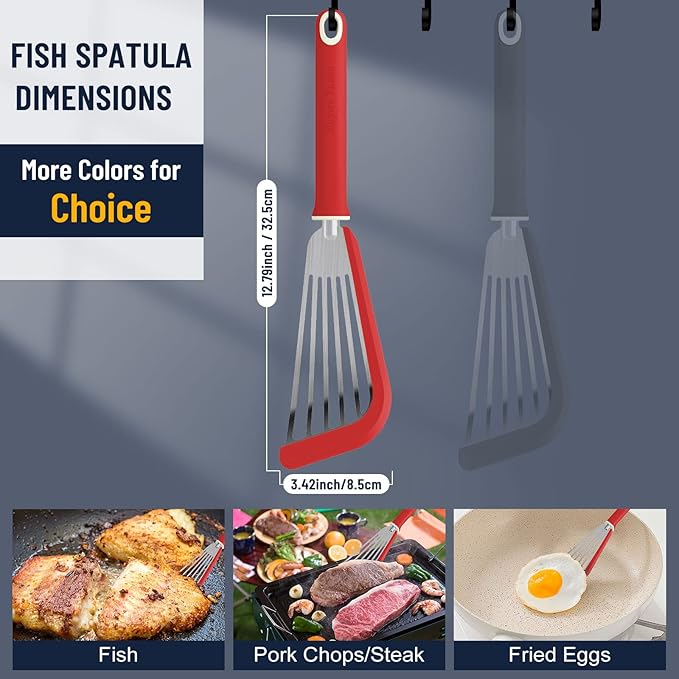 Fish Spatula,600℉ Heat Resistant Silicone Fish Spatula with Basting Brush,for Nonstick Cookware,Flexible Slotted Fishs Turner Spatulas,BPA Free,Dishwasher Safe(Red)