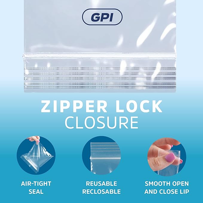 GPI - 10" x 13" Zip Bags, 200 Count, Clear Plastic Reclosable Zipper Poly Baggies, with Resealable Zip Top Lock. for Freezer, Apparel, Clothing, Food, Home & Office Supplies.