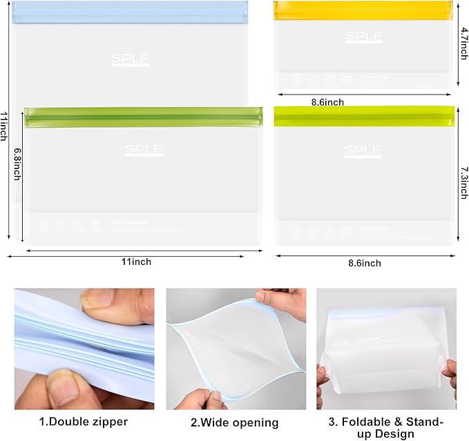 SPLF 8 Pack Stand-Up Reusable Half Gallon Freezer Bags Dishwasher Safe, Extra Thick Leakproof 1/2 Gallon Food Storage Bags, BPA Free Silicone for Meal Prep, Marinate, Veggies, Fridge Organization