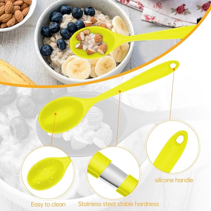 2 Pcs Silicone Nonstick Mixing Spoon,10.6Inch Silicone Spoons for Cooking Heat Resistant, Cooking Utensil for Kitchen Cooking Baking Stirring Serving (Yellow)