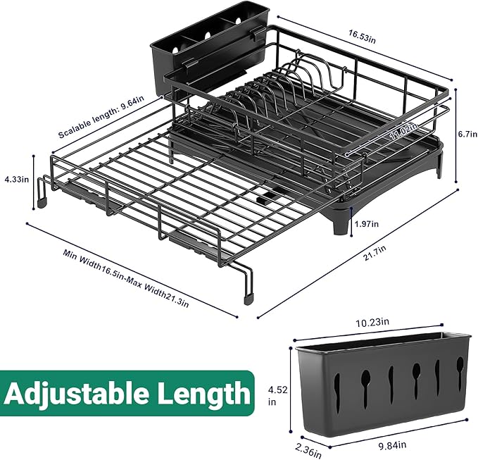 Expandable Over Sink Dish Drying Rack – Foldable Stainless Steel Kitchen Organizer with Utensil Holder, Space-Saving & Rustproof (Black)
