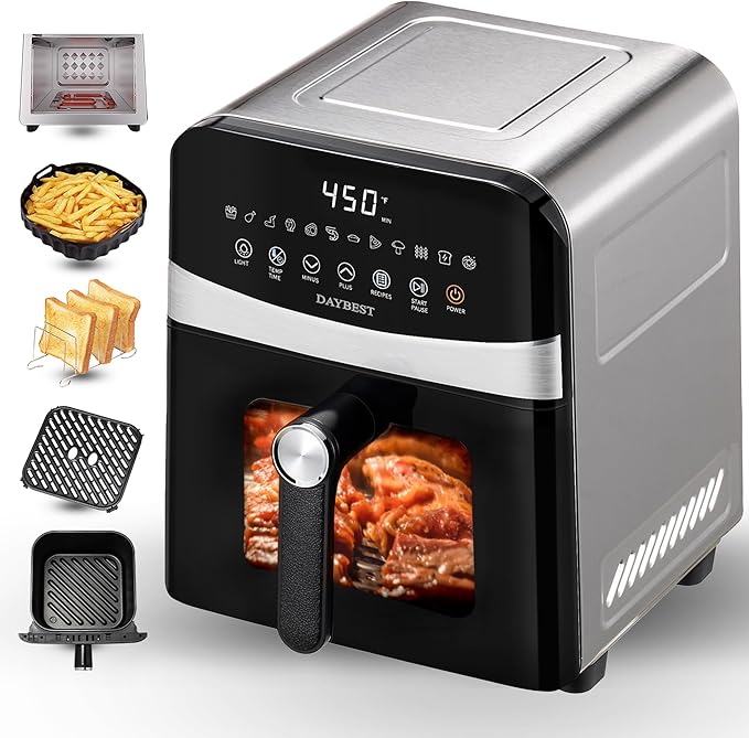6QT Stainless Steel Air Fryer Ceramic 12 in 1, Dual-Blazes in Metal Housing, 2-3 Servings Visible 8.27" Basket with Teflon-Free Premium Coating, 1700W, DAYBEST Dishwasher Safe Kits (Stainless Steel)
