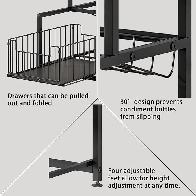 Pull Out Spice Rack Organizer for Cabinet Kitchen Storage Shelf Slide Out Drawer Counter Shelves Slip-Resistant Design for Jars and Bottles Space-Saving (Black, 3Tier)