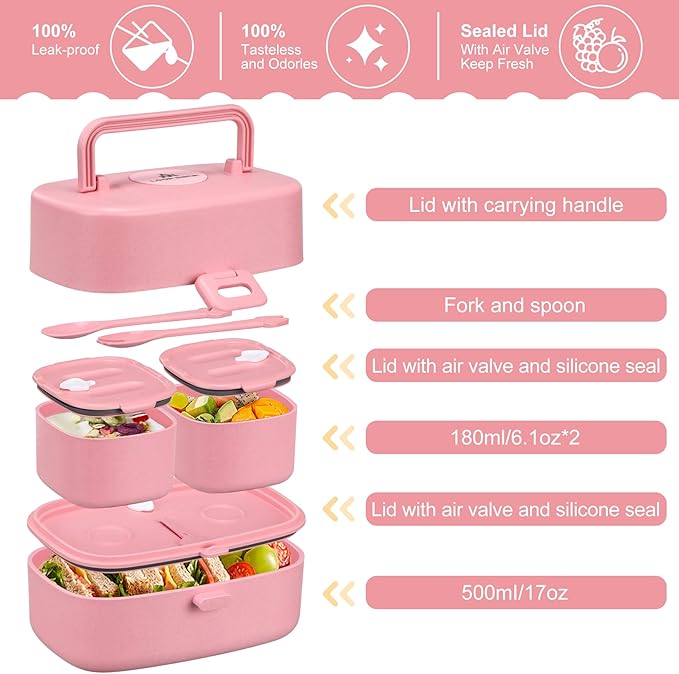 Bento Lunch Box with 8oz Soup Thermo, Kids Sustainable Bento Box Leakproof Lunch Food Containers with Lunch Bag, Kids Thermo Insulated Hot Food Jar for School, Trvael (Pink)