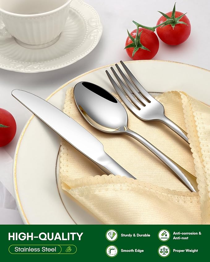 Silverware Set, 48-Piece Flatware Set with Steak Knives for 8, Stainless Steel Mirror Cutlery Include Forks Spoons and Knives Set, Dishwasher Safe Utensils Set for Home Restaurant