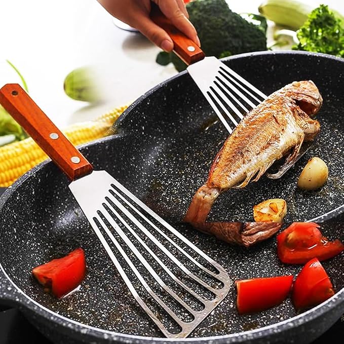 Spatula, Metal Spatulas Set, Stainless Steel Spatula, Fish Spatula Turner Cooking BBQ Grill Griddle Spatula, Metal Spatula for Cast Iron Skillet, Small Wide Kitchen Spatulas with Wood Handle