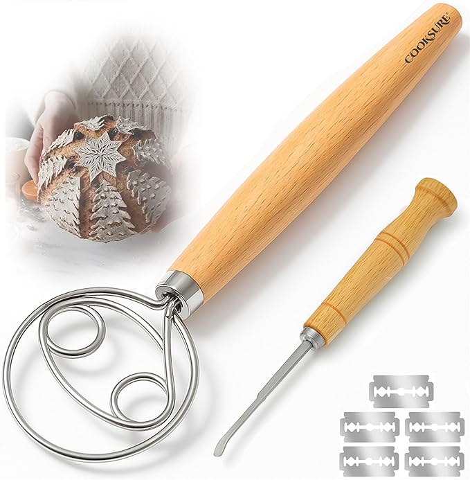 13 Inch Danish Dough Whisk with Bread Lame – 304 Stainless Steel Dough Whisk with Smooth Wooden Handle for Easy Sourdough & Bread Mixing