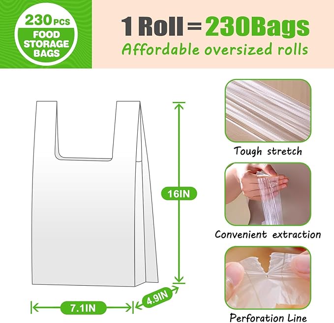 Teivio 230 Count 12" x 16" Plastic Produce Bags with Handle, Clear Kitchen Food Disposable Plastic Storage Bags/A Roll for Fruit Vegetable Bread