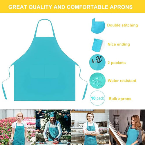 10 Pack Blue Bib Aprons Bulk for Women Girl with Pockets, Baking Party Painting BBQ Cooking Kitchen Apron (10, Blue)