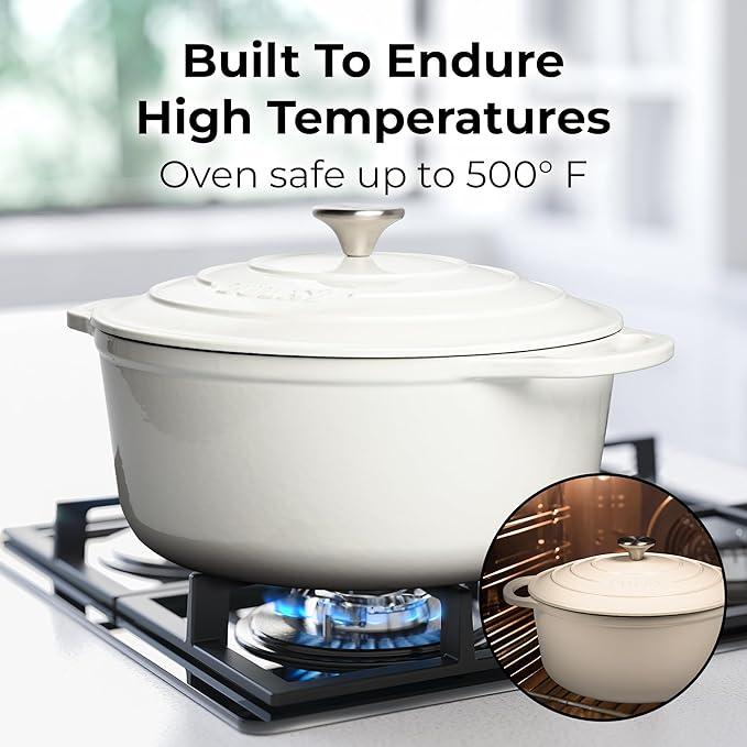 Zulay Kitchen 7.7 Quart Enameled Cast Iron Dutch Oven Pot with Lid – Premium Durability & Oven Safe up to 500°F – Heavy Duty Cookware Perfect for Bread Baking, Stews, Braising & Roasting – White