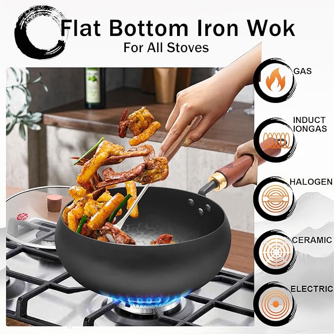 WANGYUANJI 9.5-Inch Iron Wok Pan with Lid & Spatula, Deep Flat-Bottom Stir Fry, Uncoated & Unseasoned, Induction Compatible, Upgraded Wooden Handle